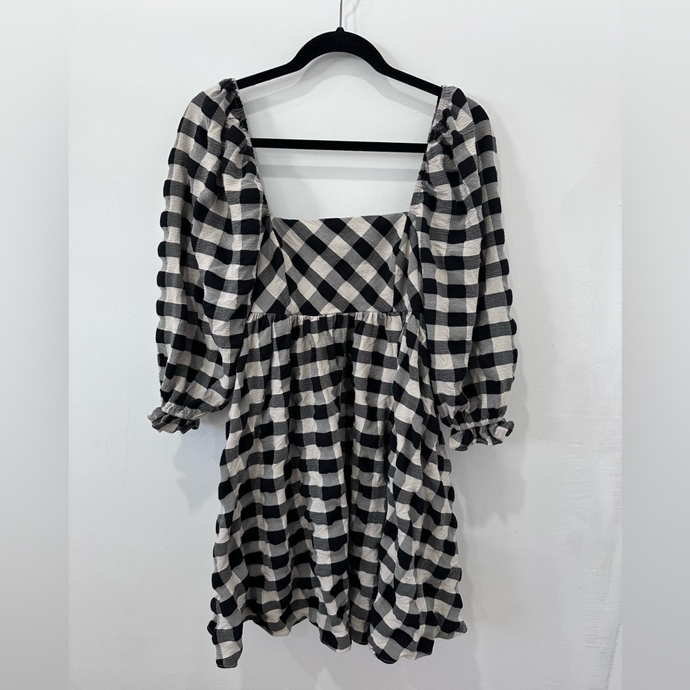 Storia Women’s Gingham Babydoll Plaid Mini Dress with Square Neck - S